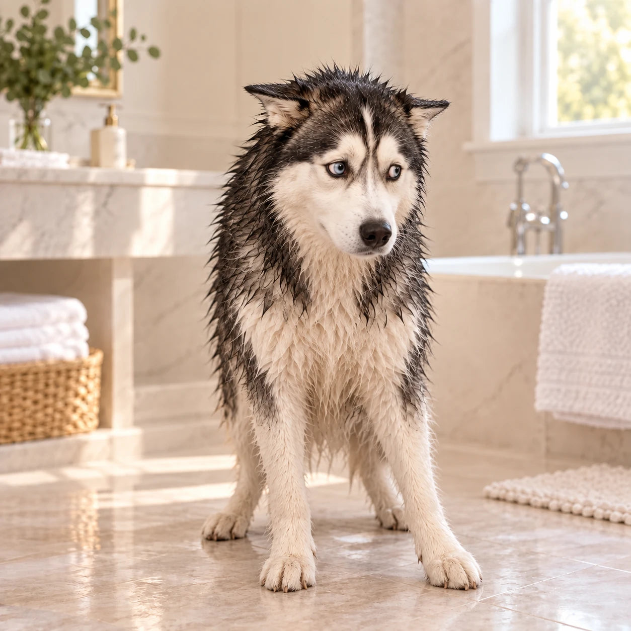 Uneasy wet husky with ears back and visibly damp bare fur after a bath, before using CloudDry